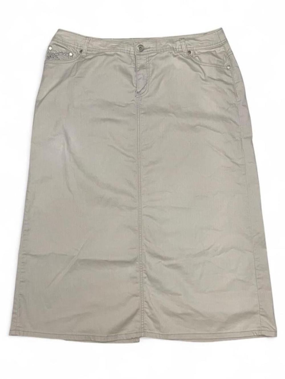 Y2K CJ Banks White Denim Midi Skirt | Women's 16W | Rhinestone Pocket Jean Skirt